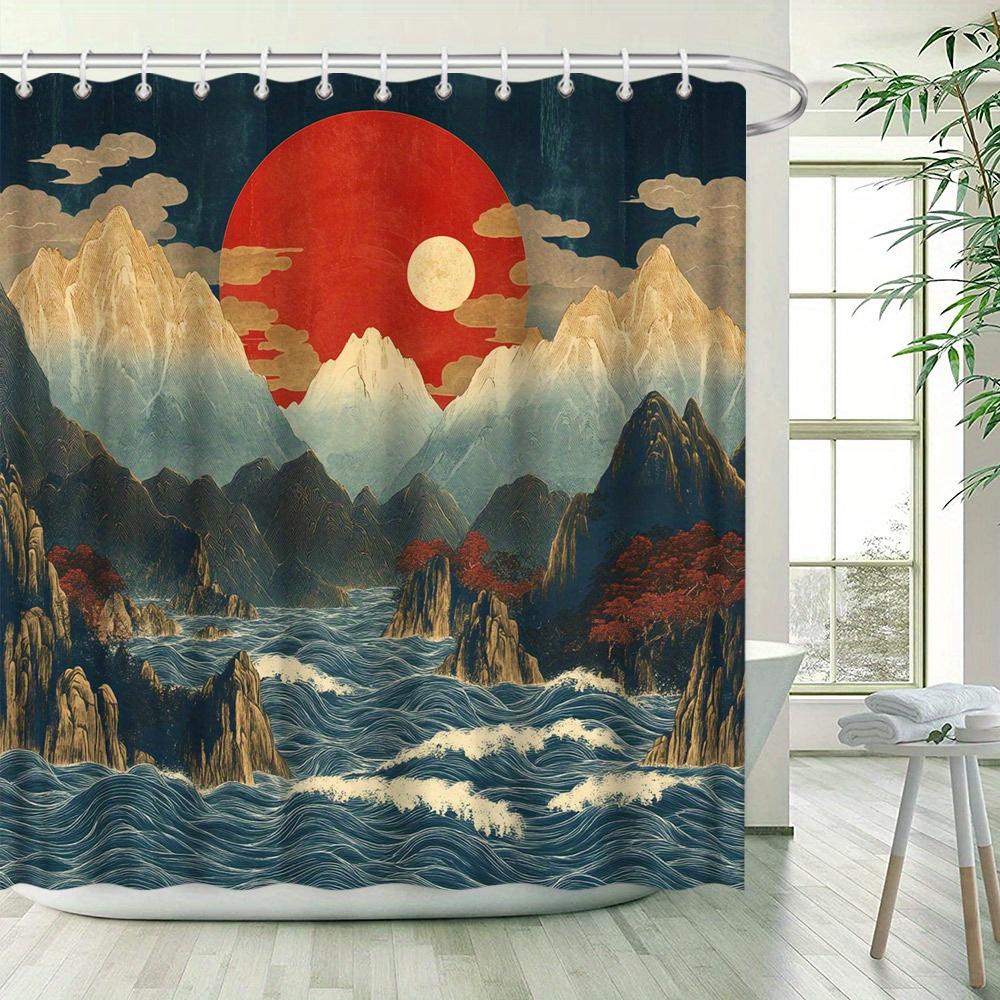 1Pc Japanese Ukiyo-E Inspired Shower Curtain, Polyester Fabric, Mountain Landscape With Red And White Suns, Ocean Waves, Include