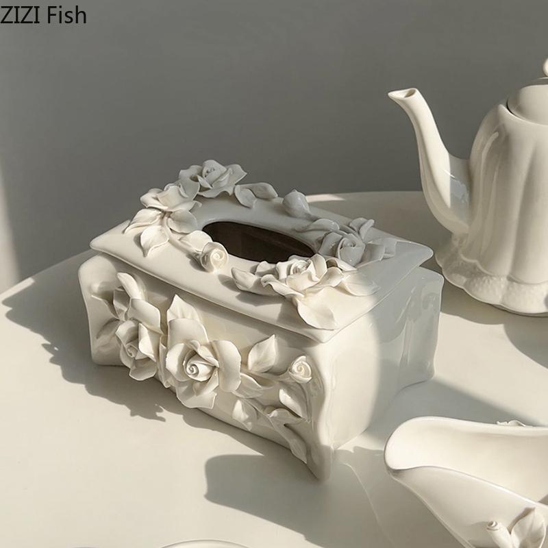 Camellia Flower Relief Ceramic Tissue Box Flower Decorative Paper Towel Case Coffee Table Desktop Tissue Boxes Modern Home Decor