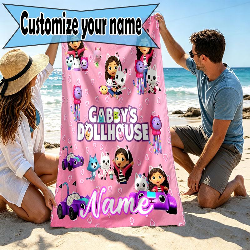 Custom Name Personalized Gabby's Dollhouse Print Beach Towel, for Trip Camping Beach Party Home Decor, Birthday Gift for Family & Friends