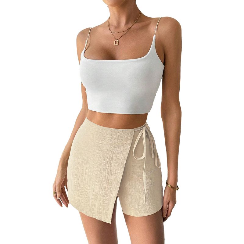 

European and American Design Side Waist Lace-up Hip-wrapped Culottes Versatile Solid Shorts Apricot S