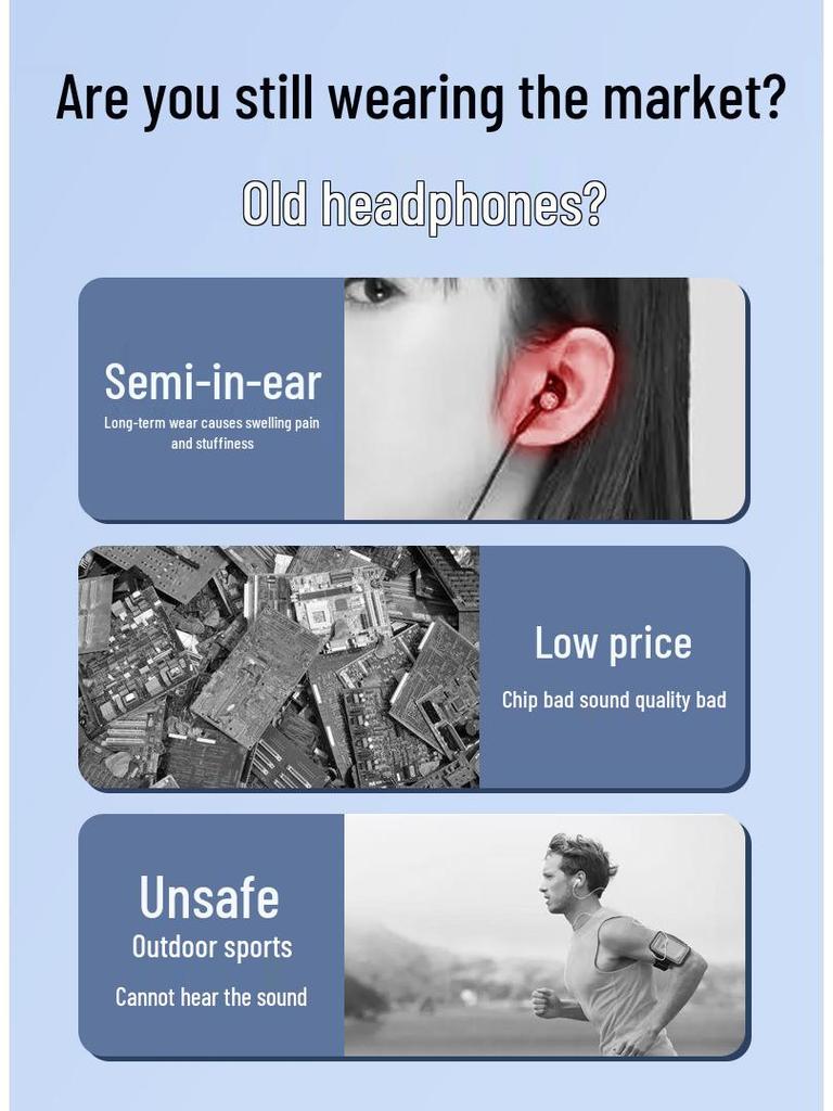 Wireless Non-In-Ear Bluetooth Earphones with Anti-Drop Design, Long Battery Life, and Noise Reduction