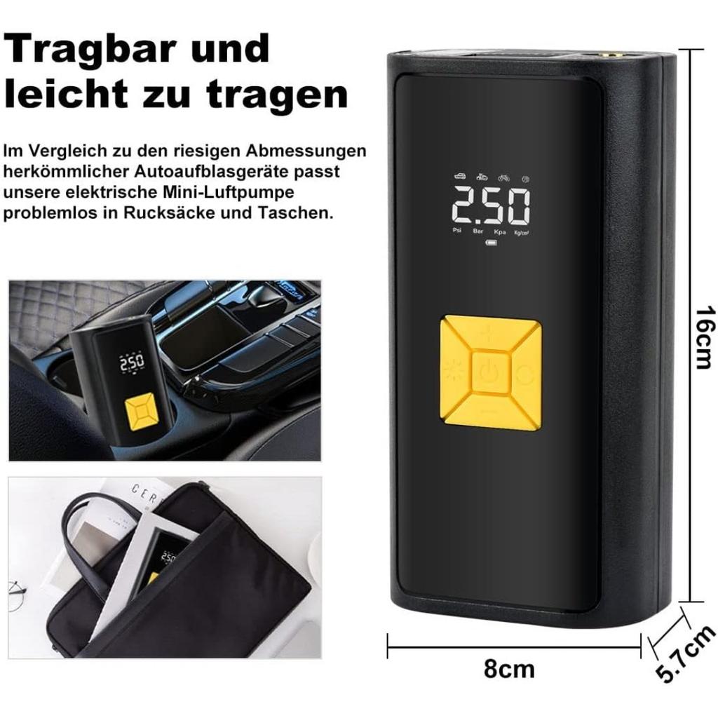 Pompă de aer electrică Baterie de 6000 mAh Mini compresor portabil Pompă electrică de 150 PSI cu afișaj digital și iluminare de urgență pentru motociclete, mașini