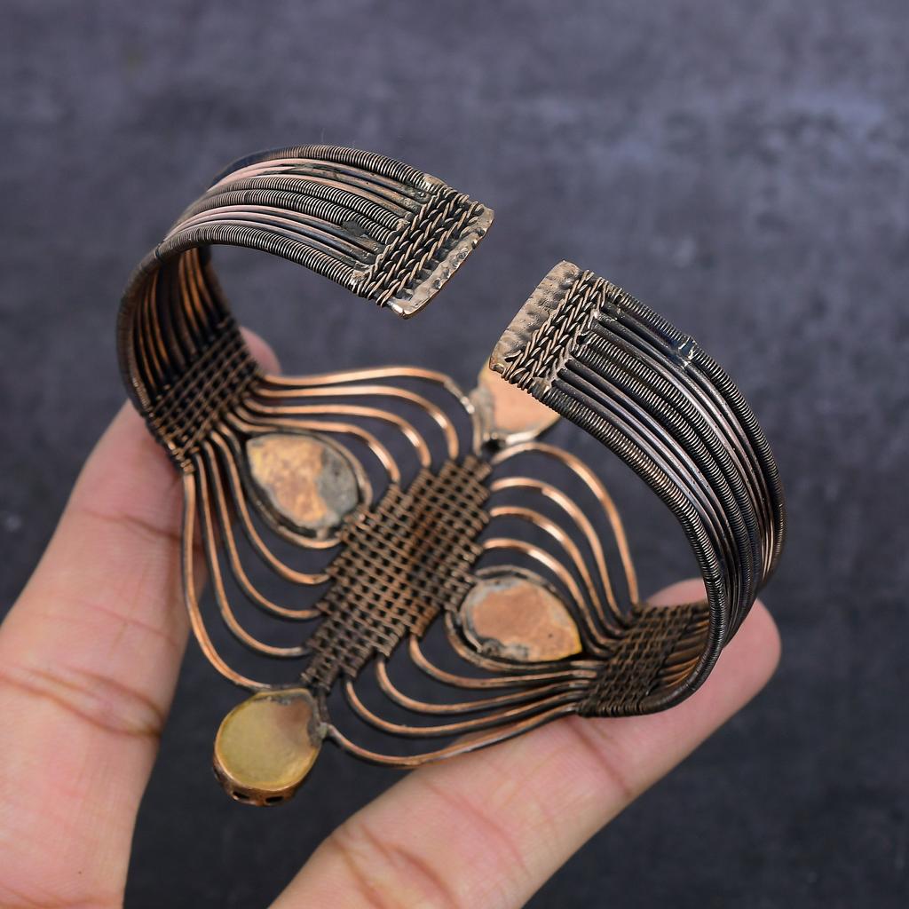 Natural Labradorite Gemstone Copper Wire Wrap Cuff Bangle Adjustable G7s09