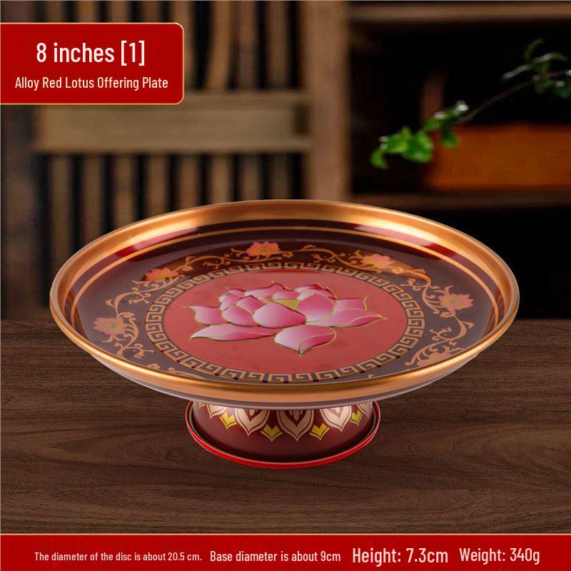 Fruit Offering Plate for Buddha, Deity Altar Plate with Alloy Lotus Flower, God of Wealth, Guanyin Bodhisattva.