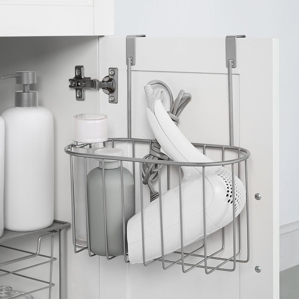 Over Cabinet Storage Basket Sturdy Metal Wire Satin Nickel Bathroom Organizer No Hardware Needed Foam Backing Easy Clean