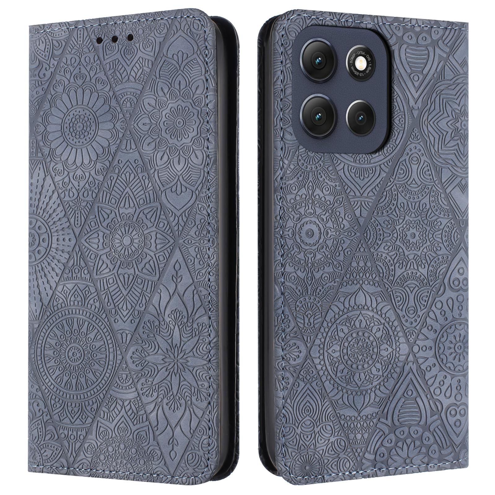 

For Motorola Moto G86 5G Case Imprinted Flower Wallet Stand Leather Phone Cover Grey