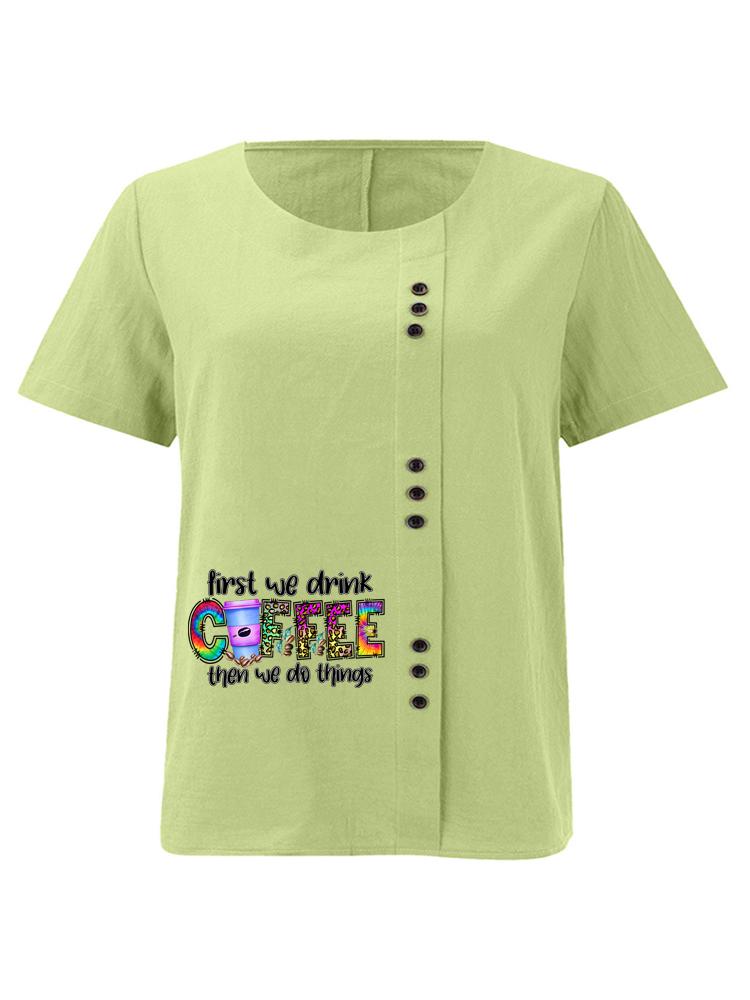 

Women s Fashion Coffee Alphabet Print Printing Shot Sleeve T-shirt Loose Cotton Shirt Casual Loose Summer Plus Size Blouse Tops 5XL зелений