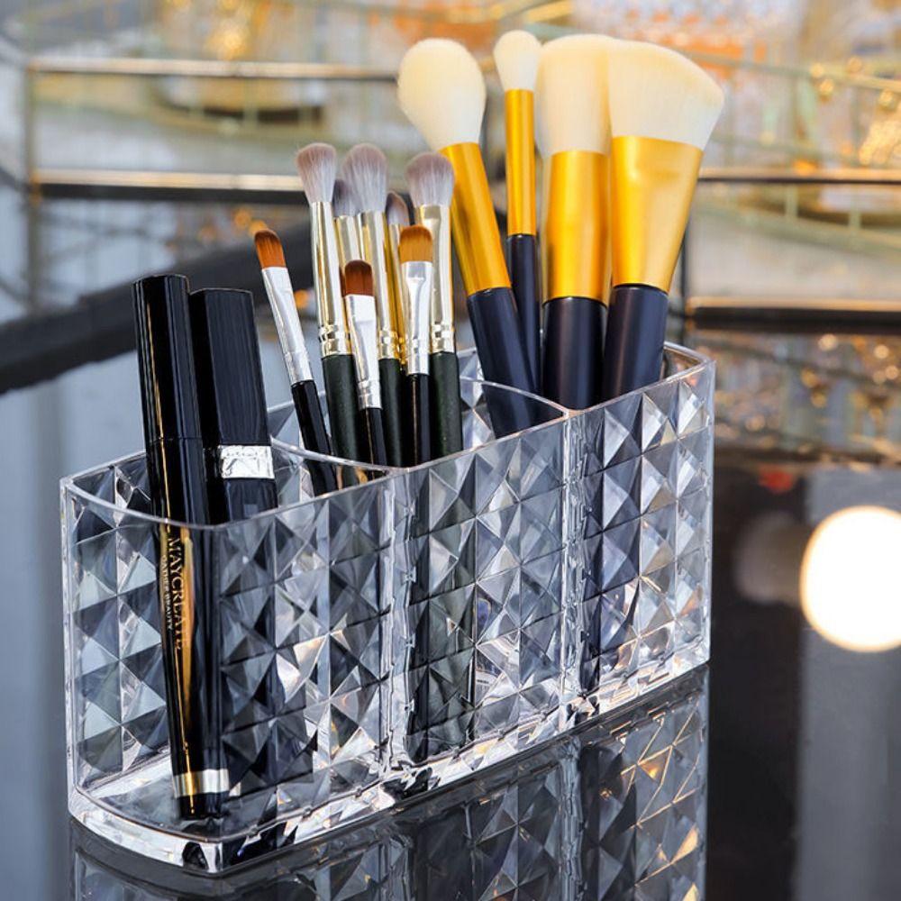 Transparent Makeup Brush Storage Bucket Acrylic Triple Grid Acrylic Cosmetic Organizer Multifunction Pen Stand Desk Pen Holder