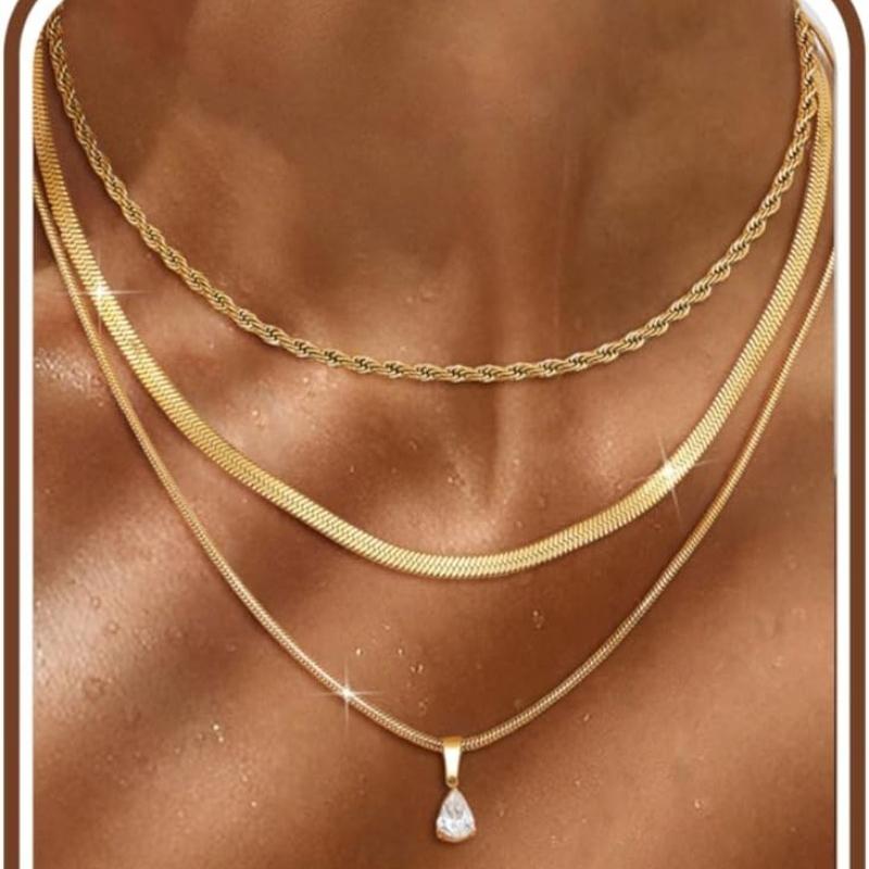 2-3pcs Women's Gold Necklace Stainless Steel Adjustable Choker Necklace CZ Pearl Pendant Chain Gold – with Jewellery Box