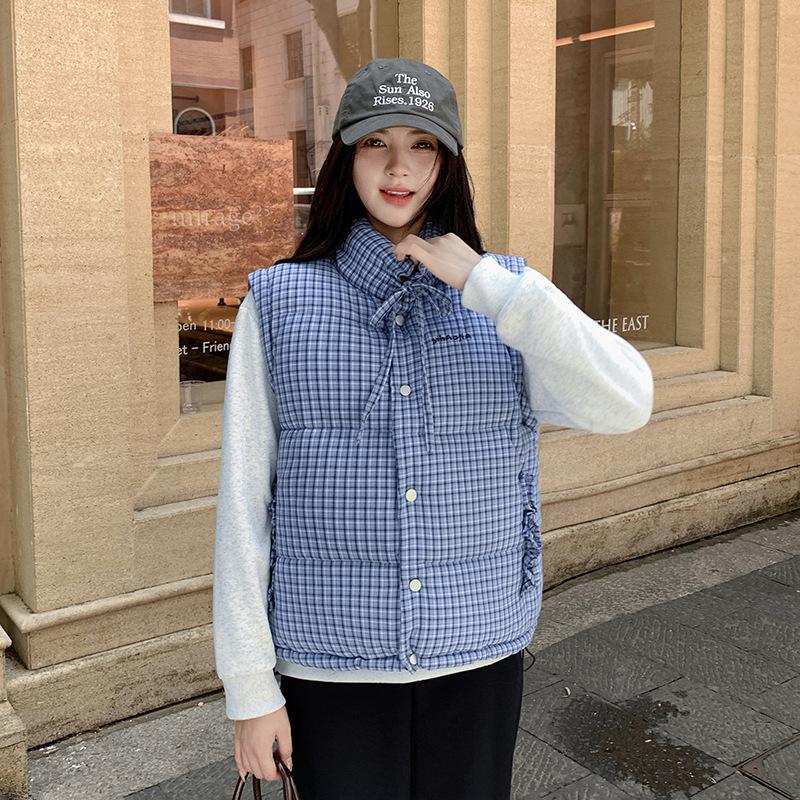 Stand-up collar plaid sleeveless cotton jacket vest jacket women's summer new stacked wear casual loose hidden buckle vest tide
