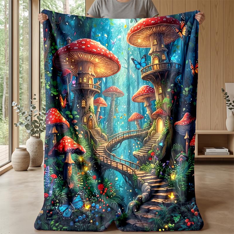 Fairy Mushroom Castle Theme blanket Lightweight Warm Flannel Blanket Decorative Throw Blanket for Home Decoration