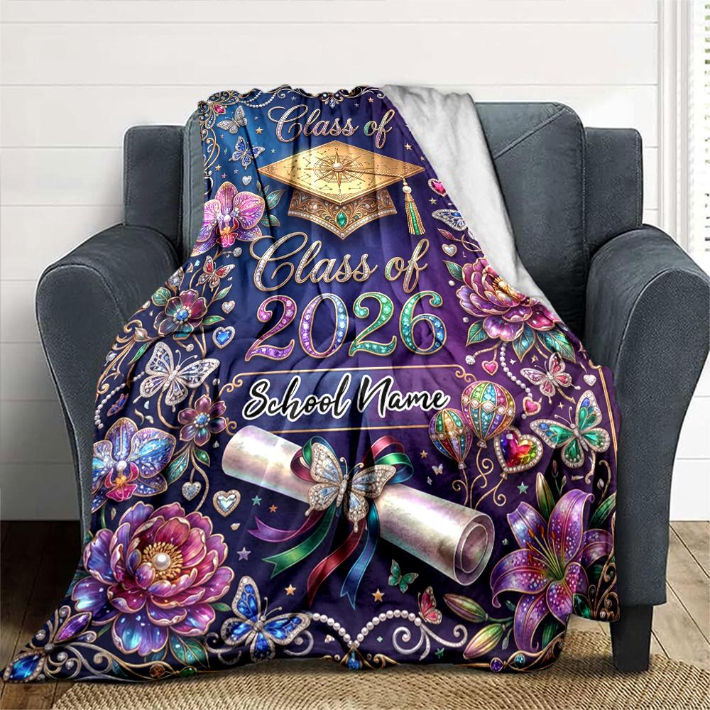 Graduation Celebration 2026 Floral Design Themed Blanket Personalized Name Soft Warm And Versatile For Sofa Bed Office And Travel Machine Washable