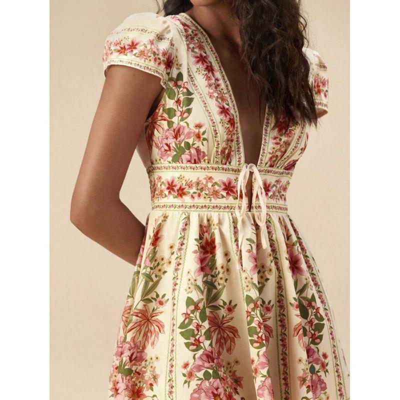 European Bohemian Vacation Casual V-Neck Lace Casual Floral Skinny Dress Women S