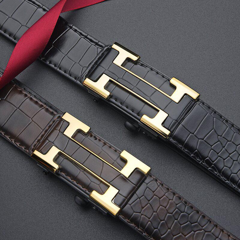 Men's Crocodile Pattern Leather Belt with Automatic Buckle - Cowhide Business Style Waist Belt