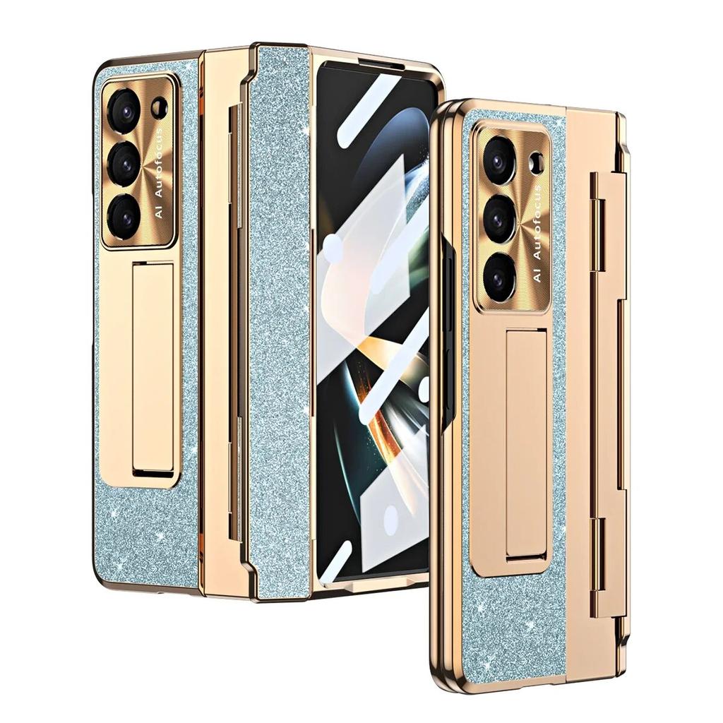 Luxury Plating Leather Bracket Hinge Protection Case for Samsung Galaxy Z Fold 5 4 3 Case with Screen Protector Cover