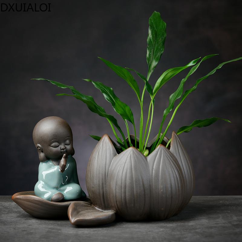 DXUIALOI Neu Chinesisch Kreativ Hydrokultur Pflanzen Chrysantheme Kupfer Geld Blumentopf Vase Zen Keramik Handwerk Heimdekoration