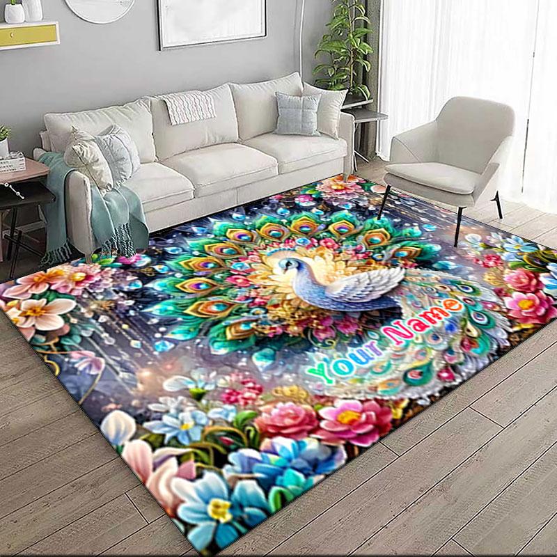 1PC Custom Name "Colorful Peacock Floral Fantasy" Theme Floor Mat Ideal for Living Room, Game Rooms, Office, Bedroom,Floor Mat Playful Design