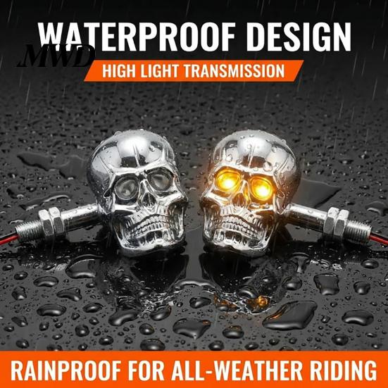 Unique Festival Dress Shirt Links 1 Pair Motorcycle LED Turn Signal Light, Skull Head Warning Indicator Polished Metal Waterproof Universal