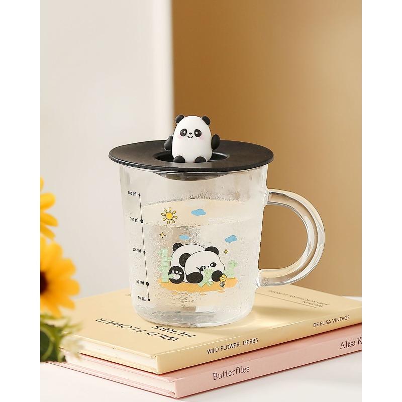 Cute Panda High Borosilicate Glass Cup High Appearance Level Covered Office Drinking Cup  Graduated Milk Cup  Coffee Cup