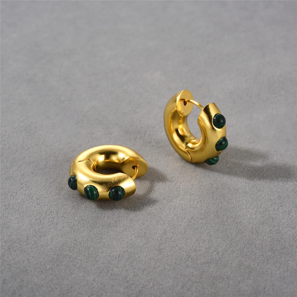 Orecchino a Cerchio Placcato Oro 18K Reale con Intarsio di Malachite Moda Personalità Tendenza Semplice Temperamento Orecchini Donna