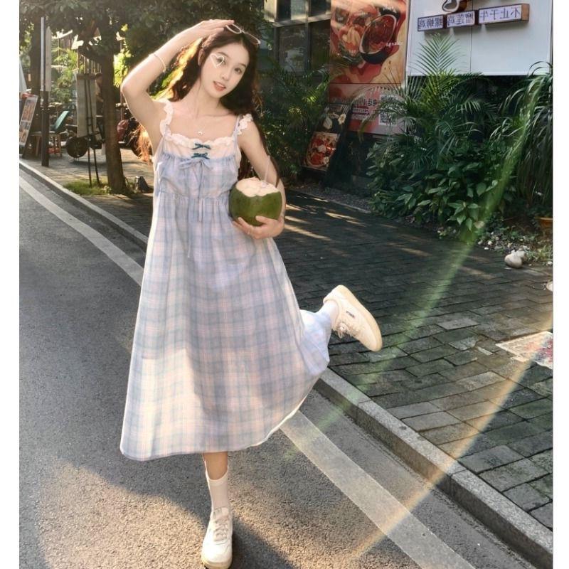 Salt girl plaid dress fake two pieces summer temperament suspender skirt schoolgirl sweet a word skirt
