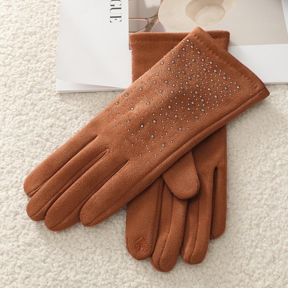 Fashion Elegant Suede Gloves Windproof Elasticity Hot Diamonds Gloves Thickened Warm Touch Screen Gloves Autumn Winter for Women