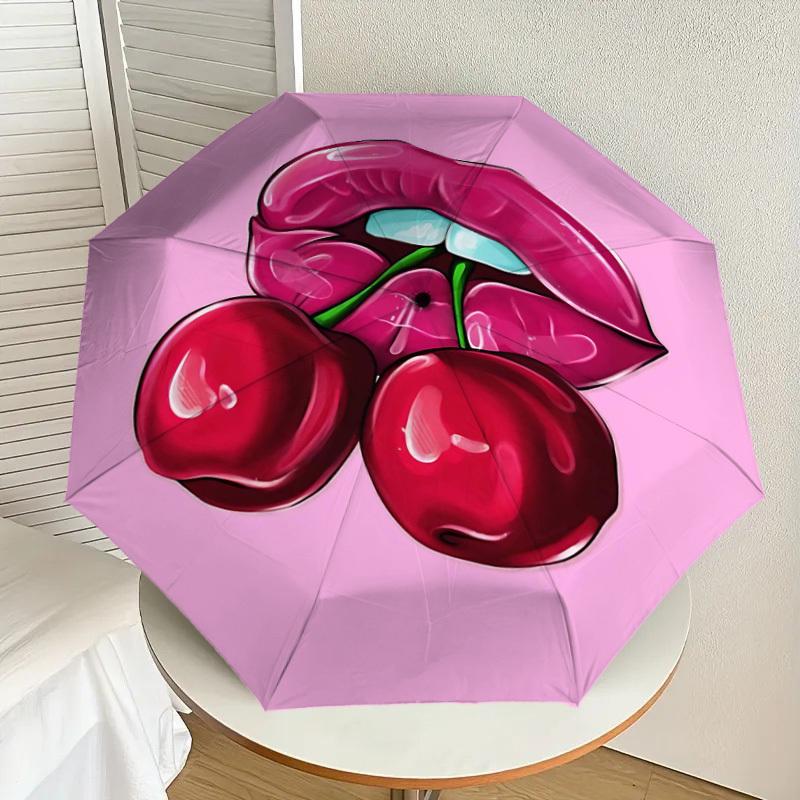 1pc Lips Cherry Automatic Open/Close Umbrella Compact Folding Umbrella with 8-Rib Shaft for Women/Men, Elegant Birthday1122S