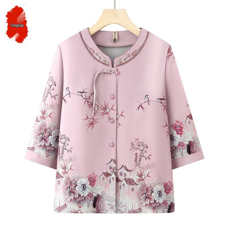 Elderly Women s Floral Print Loose Mid-Sleeve Summer Top XL розовый