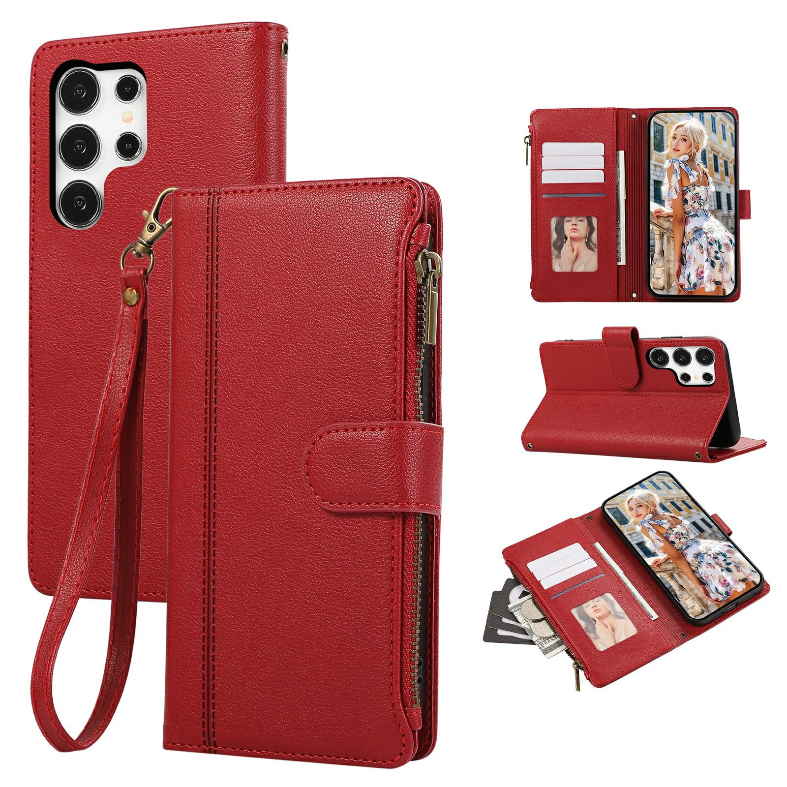 

For Samsung Galaxy S24 Ultra Case Multi Card Slots Zipper Leather Phone Cover with Wrist Strap Red