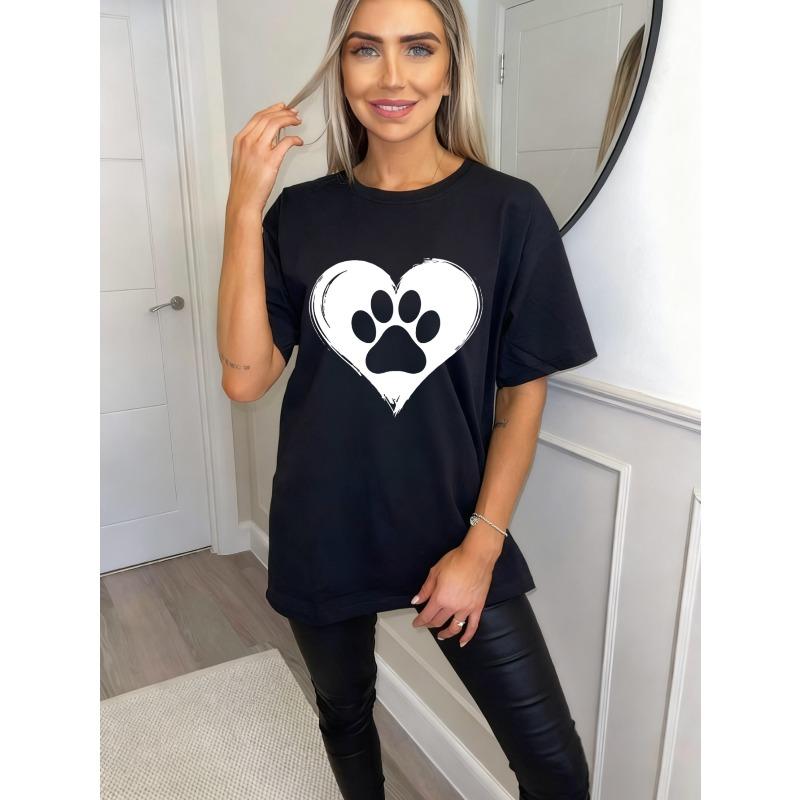 Black Oversized T-Shirt With Heart Paw Print Design For Casual Wear And Pet Lovers