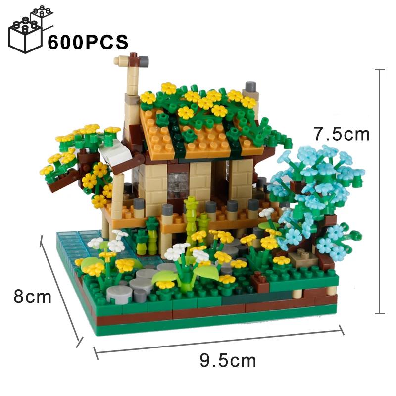 Four Seasons Micro Bricks Street View Sakura Windmühle Bausteine Fischerhütte Baum Zusammenbauen Ziegel Spielzeug für Kinder Jungen