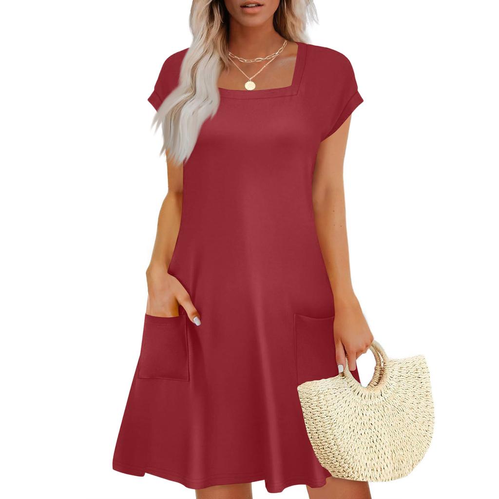 Summer Dresses for Women Loose Square Neck Cap Sleeve Casual Beach Vacation Tshirt Dress Sundresses with Pockets