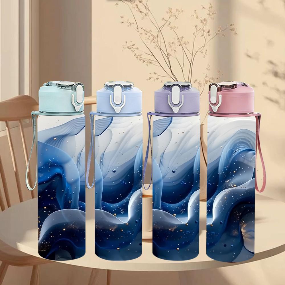 1PC Blue Marble Swirl Pattern 750ml Color Plastic Sports Water Bottle Leakproof Flip Straw Lid Suitable for Sports Office Home Use