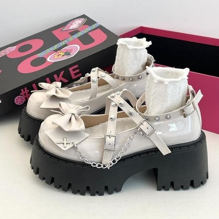 Punk Style Lolita Shoes Fashionable Rivet Design Shallow Mouth Leather Shoes for Women Summer Bow Thick Soled Tall Single Shoes