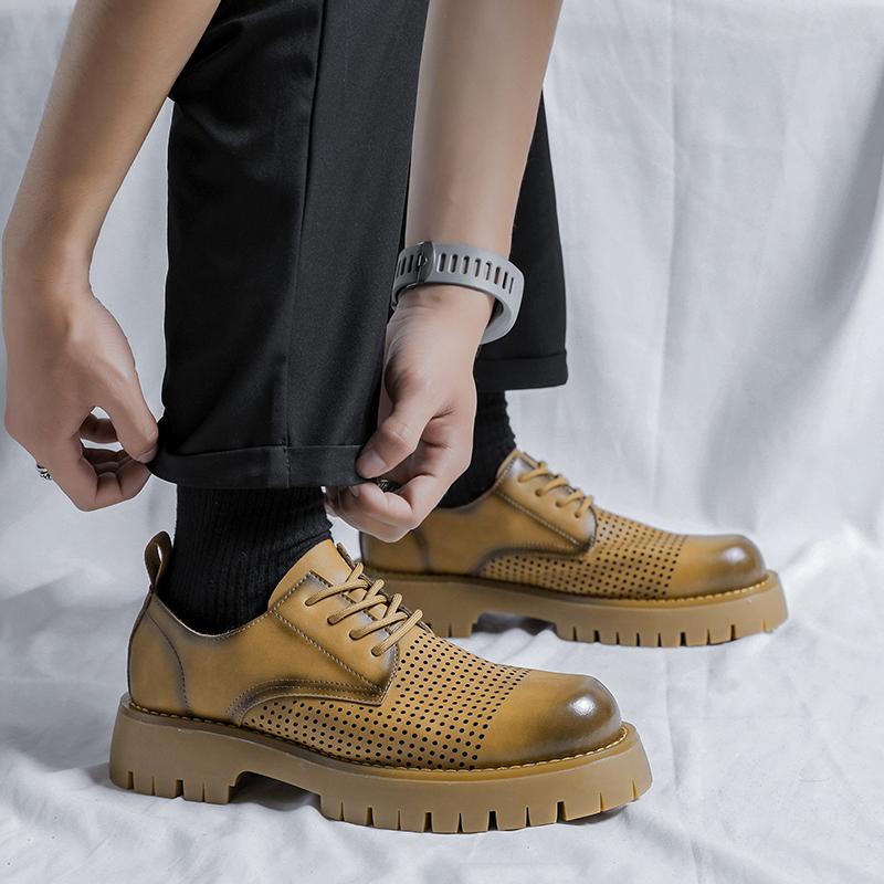 Fashion Summer New Platform Breathable Oxford Shoes Men's Loose Leather Shoes Hollow Thick Sole Formal Dress High Quality Men's Shoes