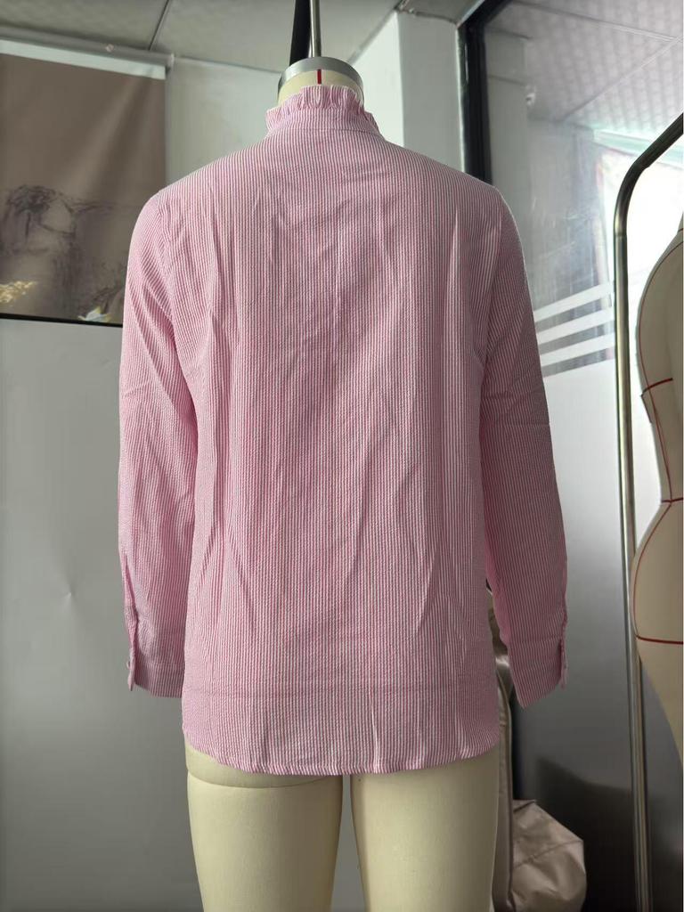 Cardigan Européen & Américain à Col Montant, Manches Bouffantes à Volants - Haut Uni à Manches Longues pour Femmes pour le Printemps & l'Automne