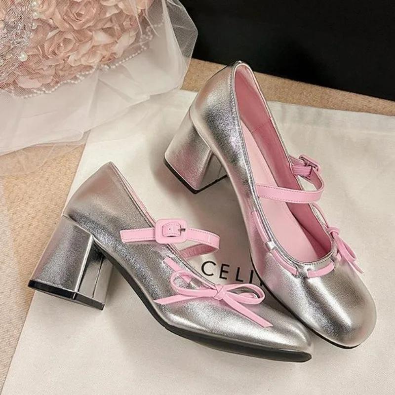 

Fashion Spring Summer Round Toe Buckle Strap Women Pumps Sandals Fashion Square Heels Banquet Dress Shoes Ladies Pink Mary Jane Shoes 35