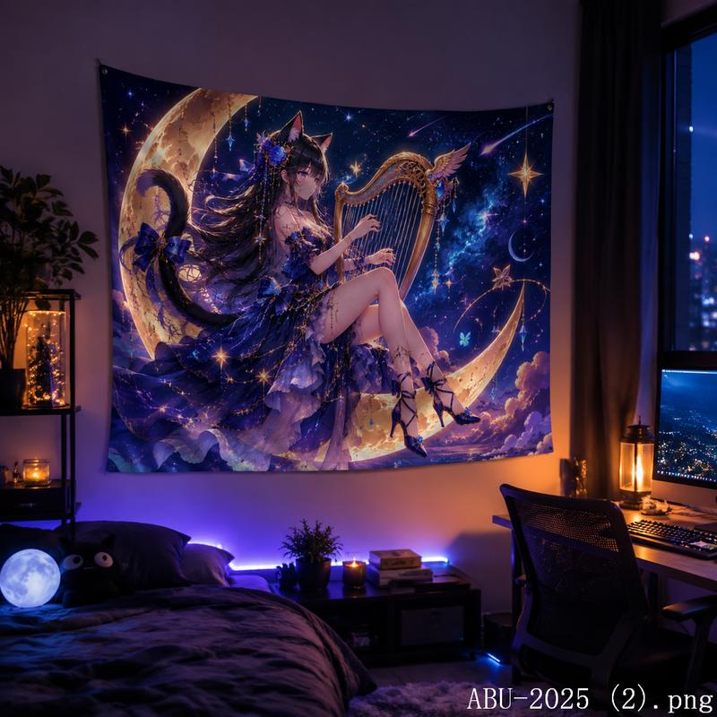 Starry Sky Moon Anime Warrior Aesthetic Tapestry Cool Fantasy Galaxy Cartoon Wall Hanging Bedroom Dorm Home Decor