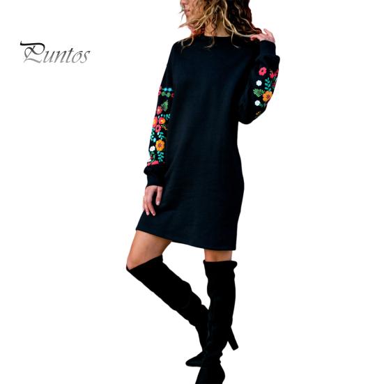 Frühlingskleid, Minikleid mit Blumenstickerei, langärmelig, Rundhalsausschnitt, lockeres Sweatshirtkleid für Verabredungen, Pendeln, Reisen