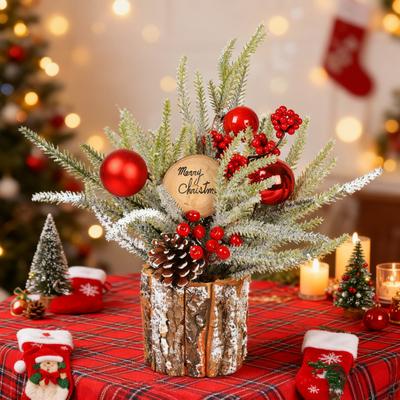 Christmas Artificial Snowy Pine Branches with Vase Faux Pine Cone Berry Arrangement
