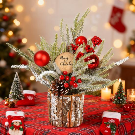 Christmas Artificial Snowy Pine Branches with Vase Faux Pine Cone Berry Arrangement Vintage Faux Cedar Greenery Picks for Home Indoor Fireplace Mantel