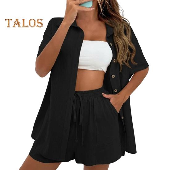 2 Piezas/Set Set Camisa y Shorts para Mujer Color Sólido Mangas Cortas Cuello Solapa Blusa Cintura Alta Holgado Largo por Encima de la Rodilla Set de Pantalones Atuendo Casual para Ir al Trabajo