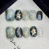 10Pcs Handmade Press On Nails Full Cover Flower Design Short Round Head Gold False Nails Artificial Manicure Wearable Nail Tips