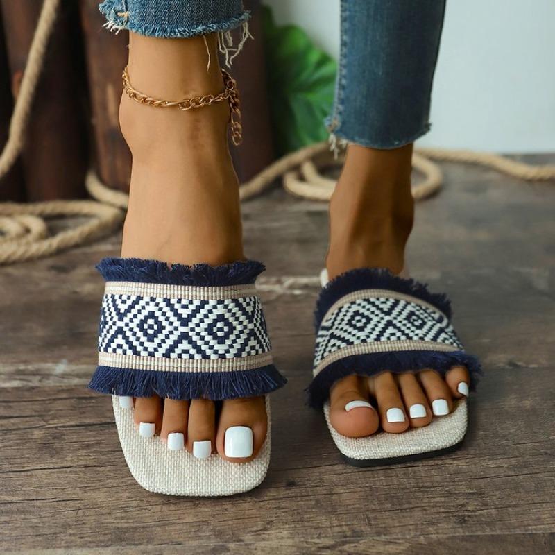 Large size fringed slippers women's summer new square head flat bottom one word casual cool slippers women