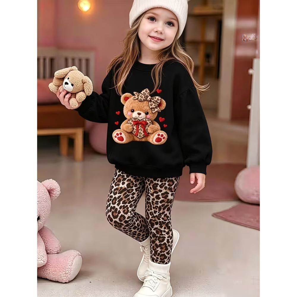 Girls' Bow Bear Casual Comfortable Soft Loose Pullover Sweatshirt and Leggings 2-Piece Set, New Autumn/Winter, Playful, Sweet and Cool Style