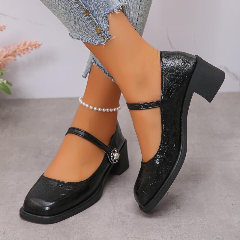 

Туфли женские на толстом каблуке с квадратной пряжкой, летние новые, женская модная универсальная обувь с мелким вырезом, элегантные простые туфли на высоком каблуке 35 чёрный