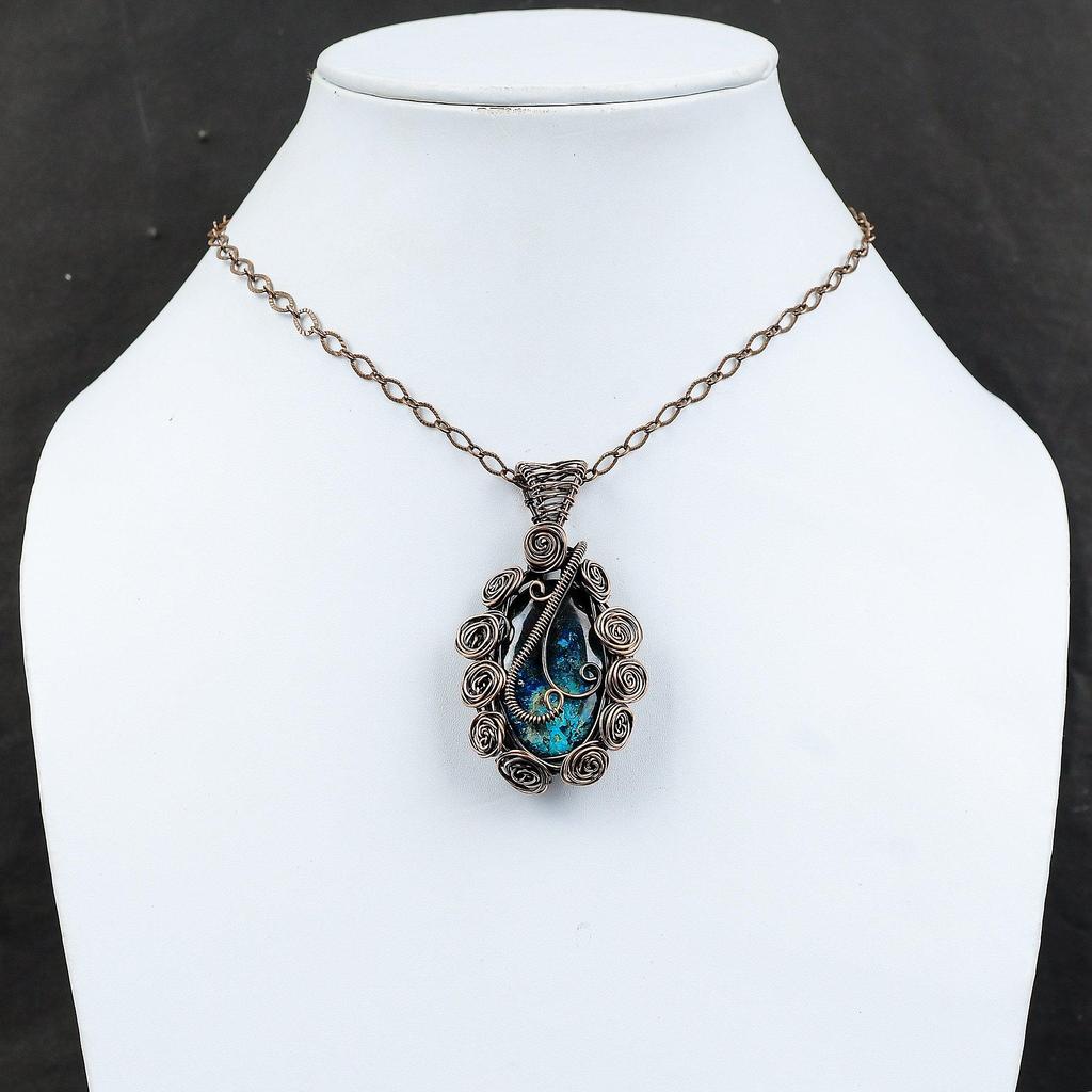 Azurite Malachite Pendant Copper Wire Wrapped Jewelry Gemstone Copper Pendant Handmade Jewelry Wire Wrapped Pendant Anniversary Gift For Mom