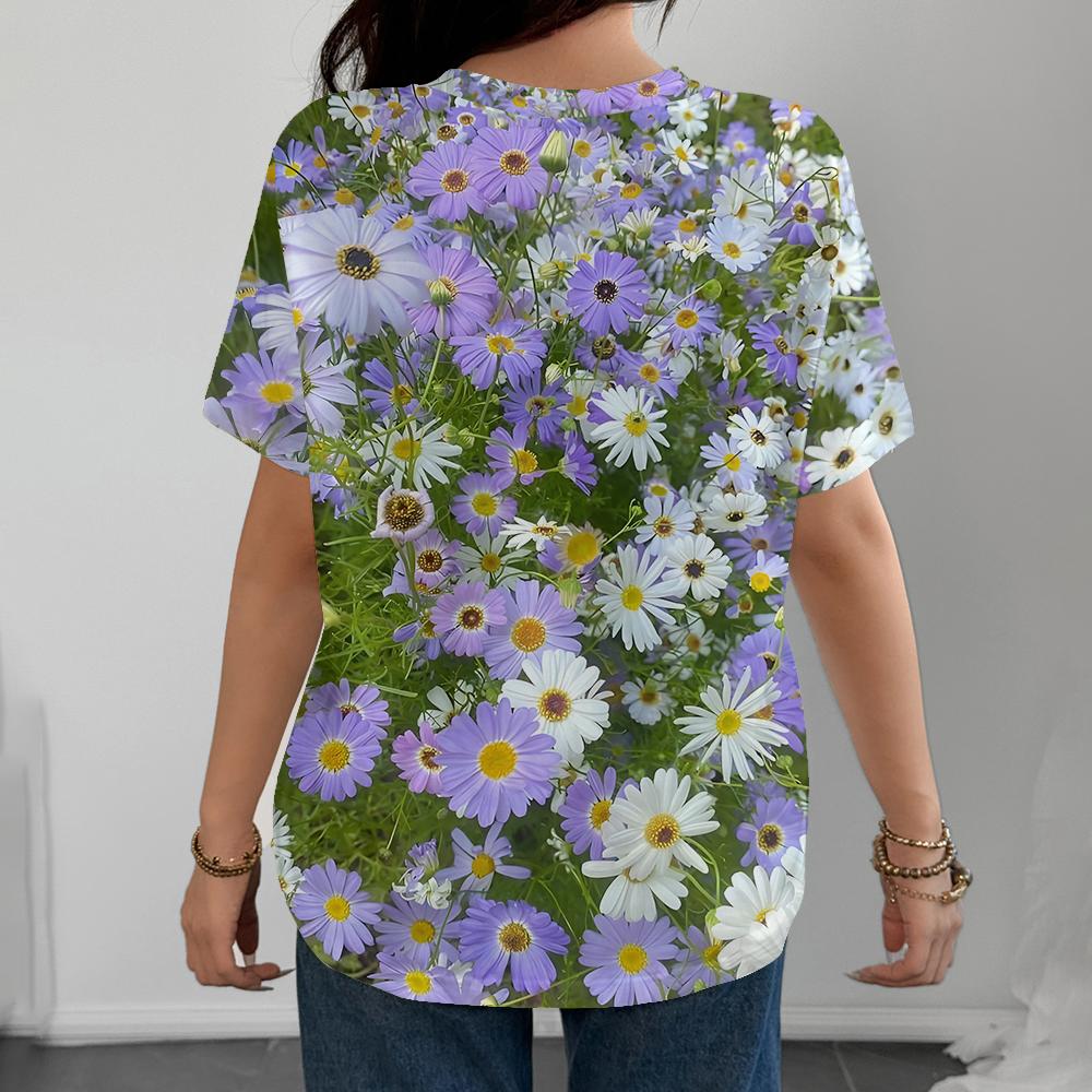 Summer Women's T-shirt Blooming Flower Sea Colorful Flowers Full Print Women's Leisure Versatile Short Sleeve Top