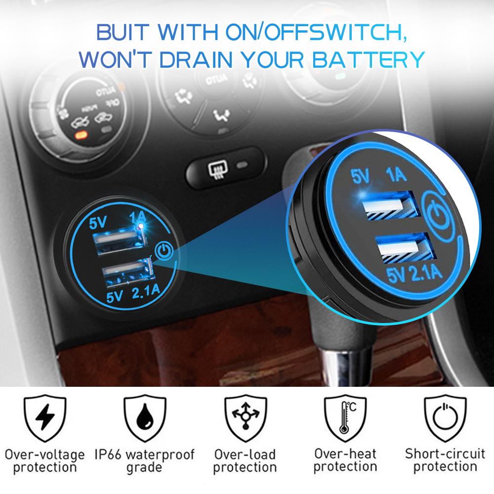 Dual USB Charger Socket 12V-24V USB Outlet Waterproof 3.1A Dual Charger Socket with Touch Switch for Car Boat Marine Motorcycle