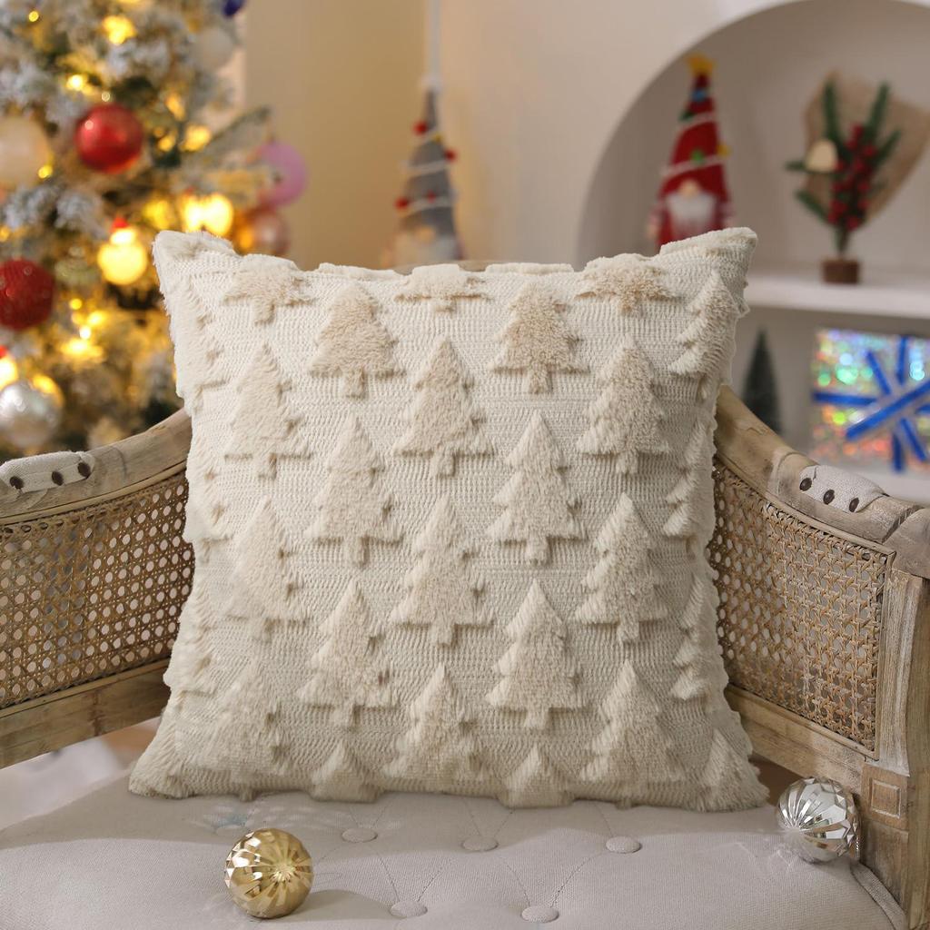 Christmas Tree Fleece Cushion Cover with Star Embroidery - Holiday Sofa Decoration Pillow Cover